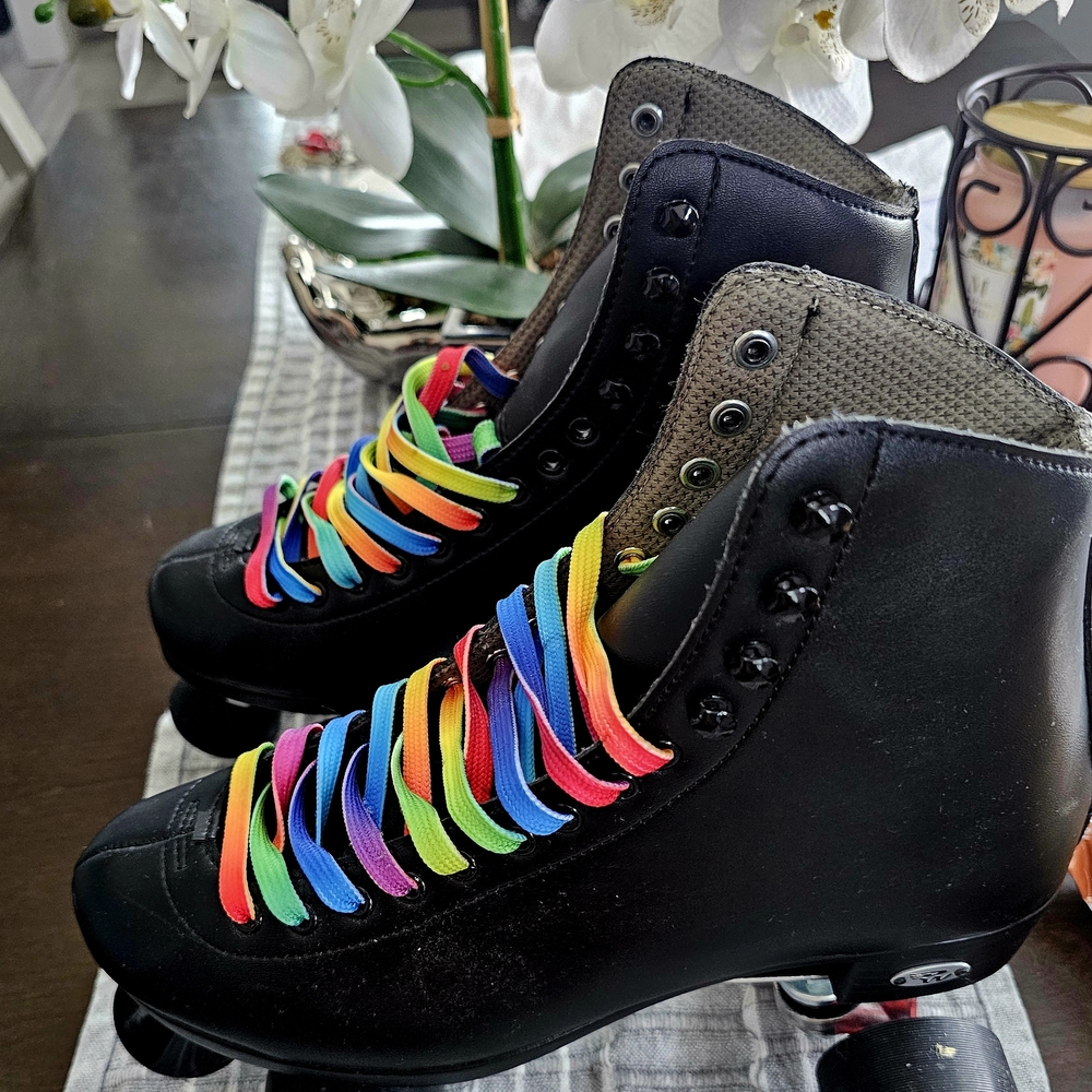 Black Roller Skates with Rainbow Laces